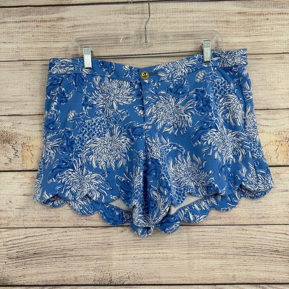 Lily Pulitzer Floral Scallop‎ Hem Shorts Womens 14 Blue Summer Tropical Vacation